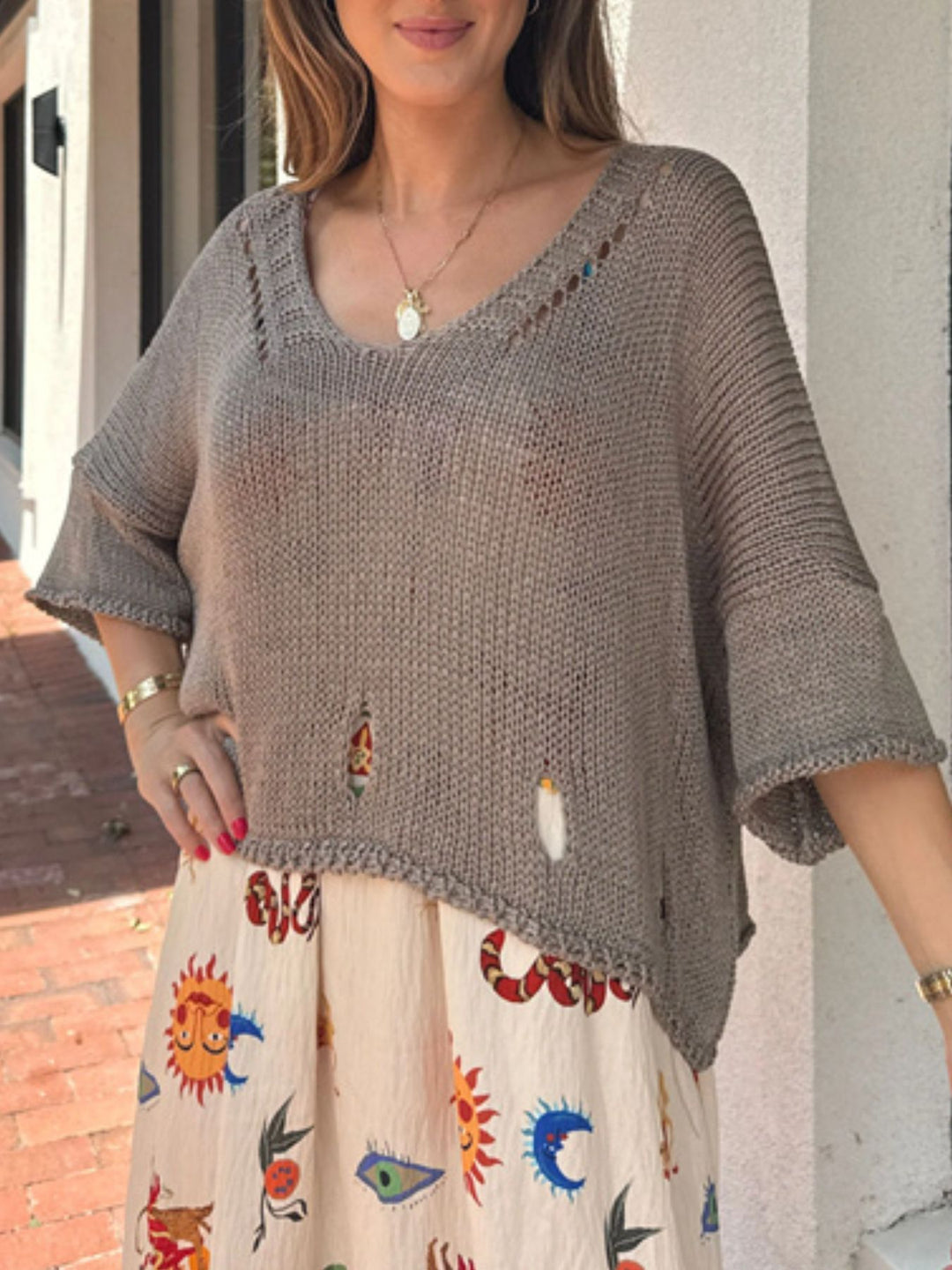 Gray Distressed open-knit V-neck sweater with 3/4 sleeves