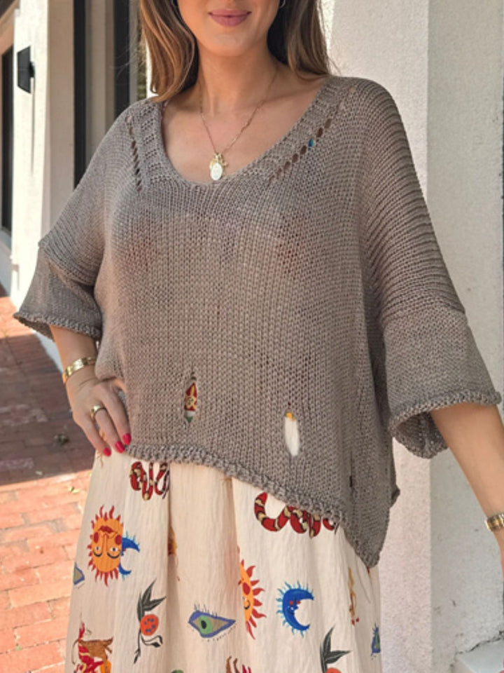 Gray Distressed open-knit V-neck sweater with 3/4 sleeves