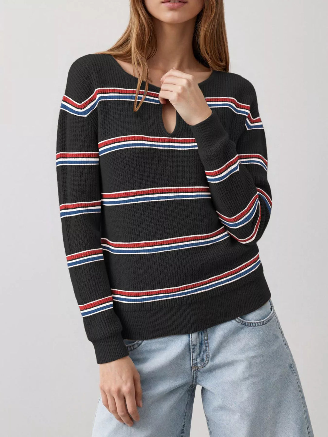 Black Striped ribbed knit sweater with keyhole neckline
