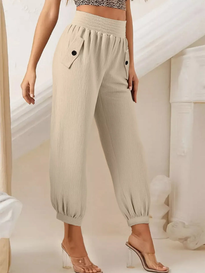 Wide-leg smocked waist casual pants in textured weave