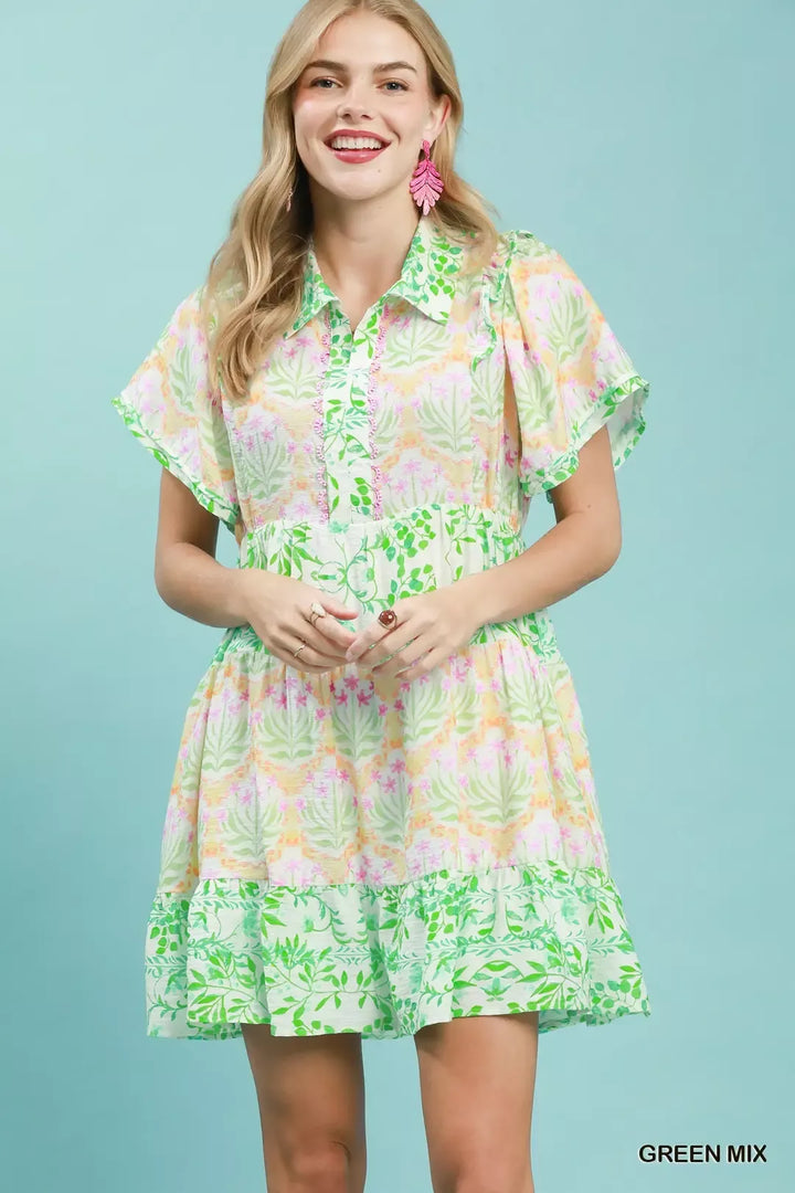 GREEN MIX Mixed floral tiered mini shirtdress with flutter sleeves