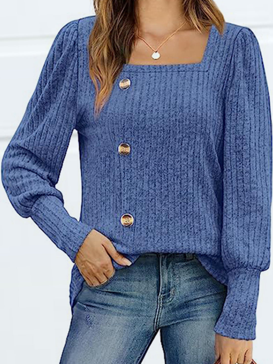 Dusty  Blue Ribbed knit square neck top with decorative buttons