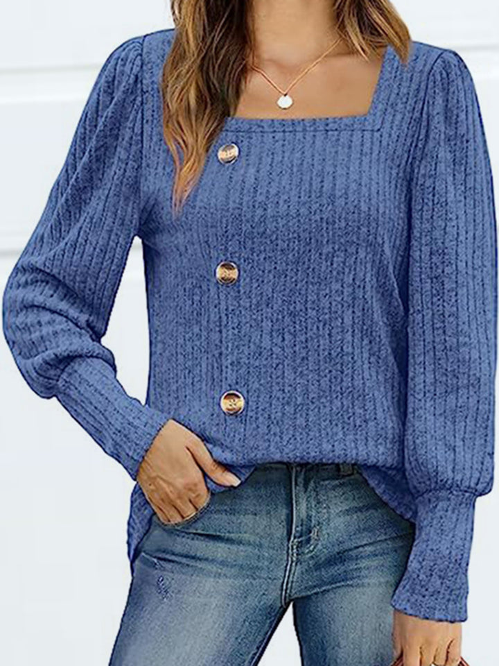 Dusty  Blue Ribbed knit square neck top with decorative buttons
