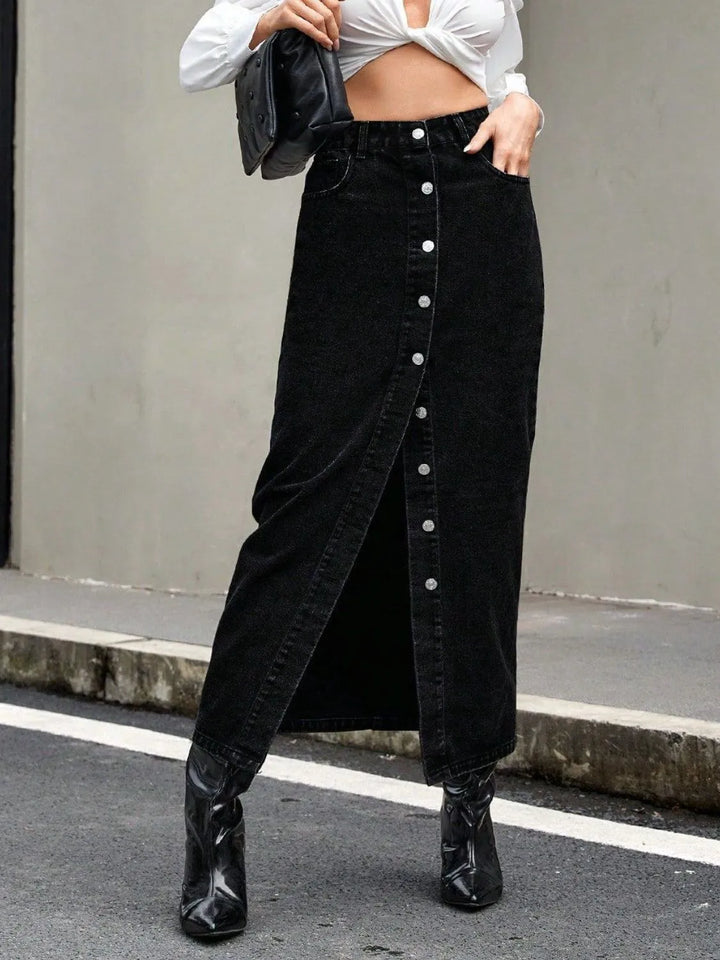 Button-front midi denim skirt with front slit