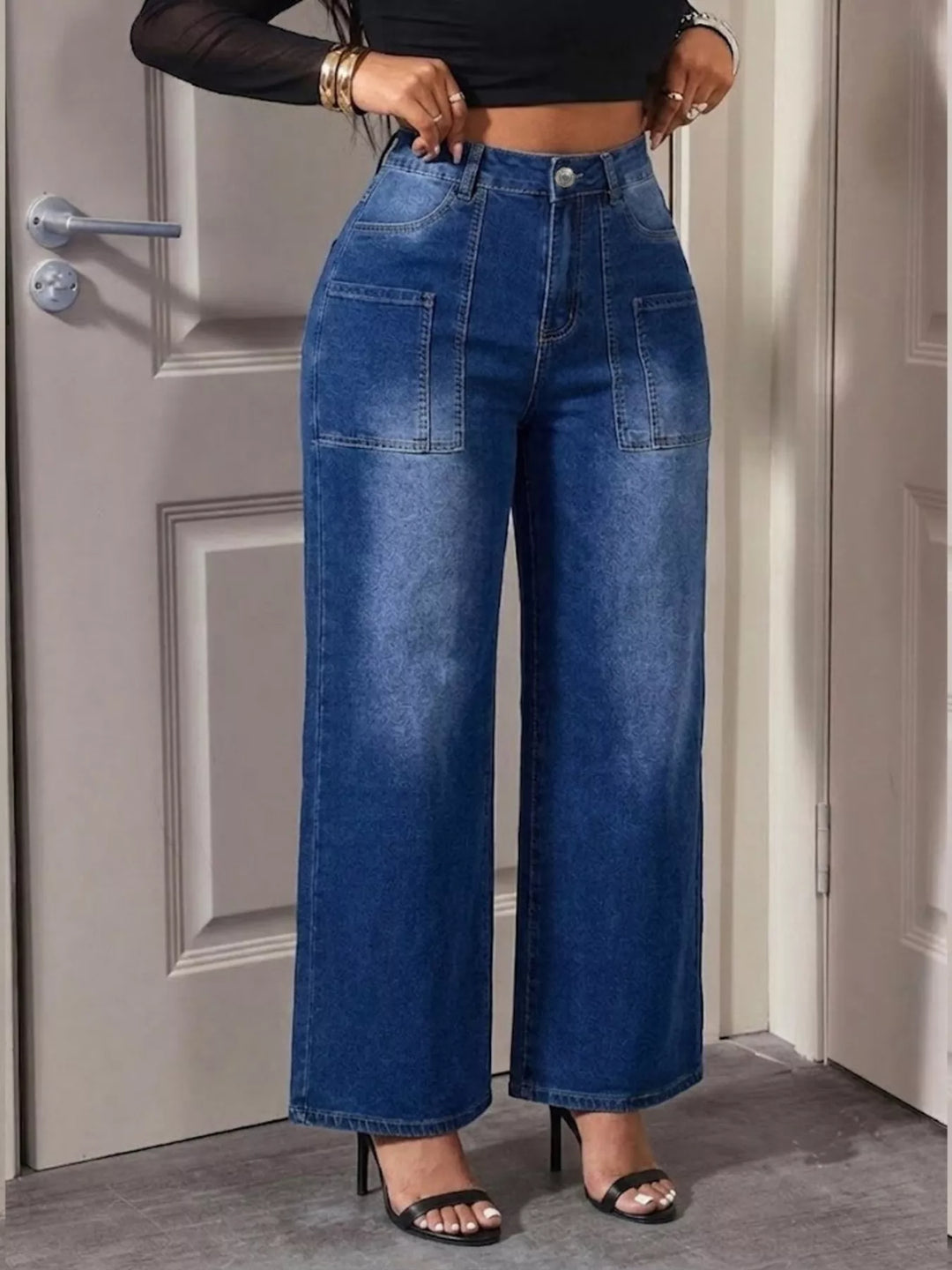 High-rise wide leg jeans with patch pockets - Peacock Blue