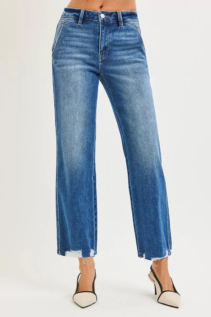 High-rise straight ankle jeans with distressed raw hem