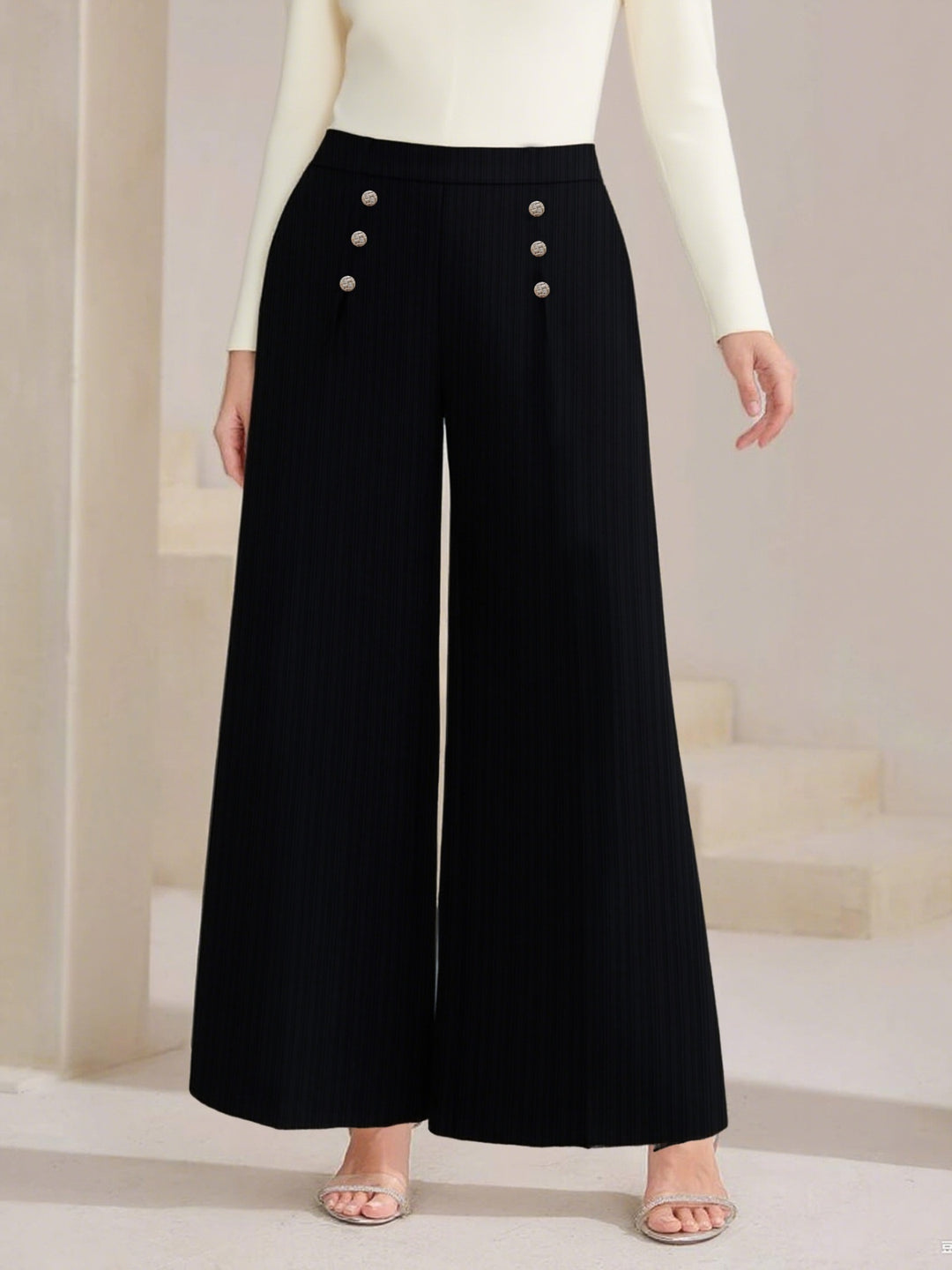 Black Plus size high-waist wide-leg pants with sailor buttons
