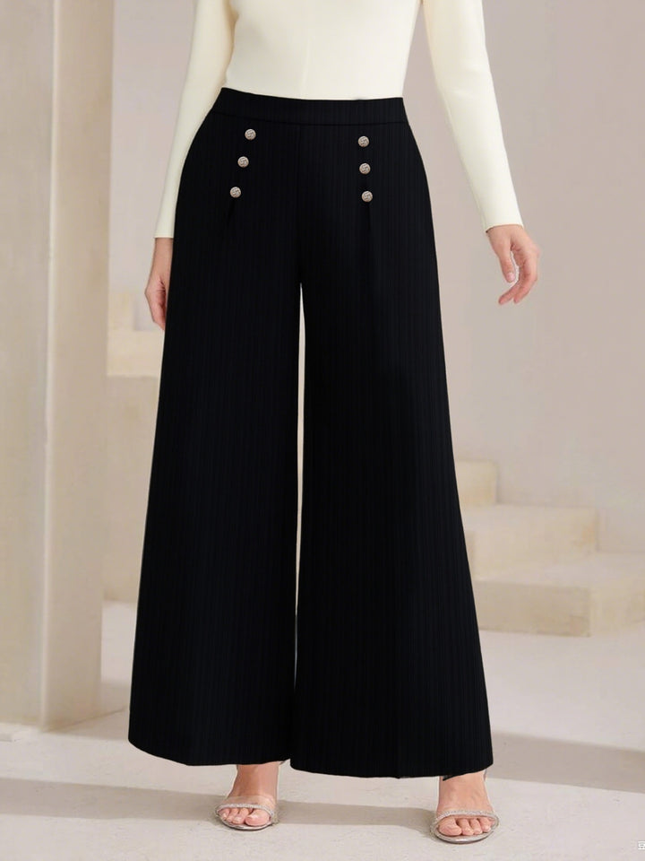 Black Plus size high-waist wide-leg pants with sailor buttons