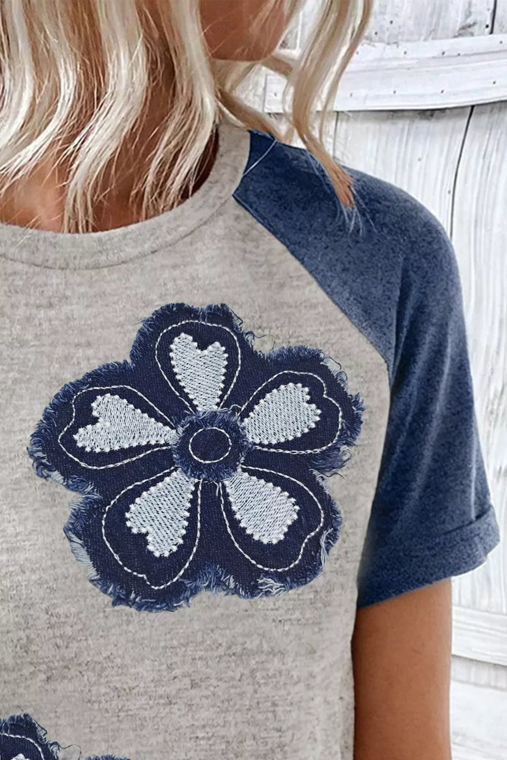 Floral patch raglan tee with contrast sleeves
