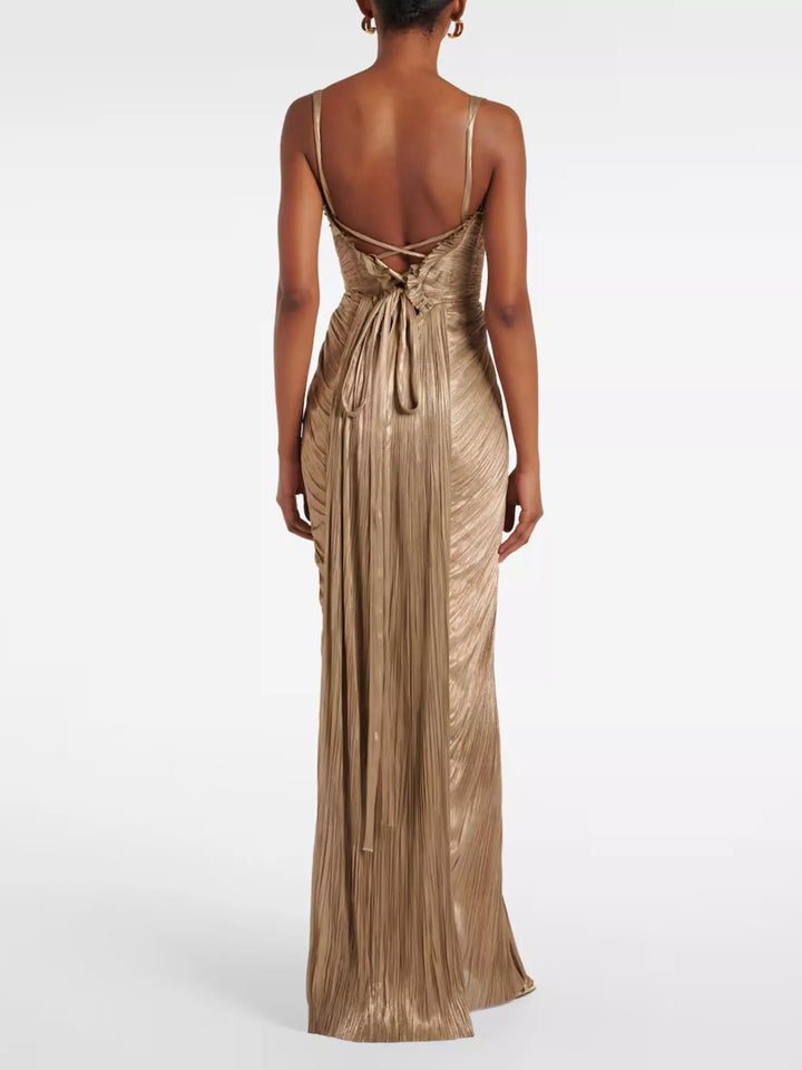 Metallic pleated corset maxi dress with lace-up back