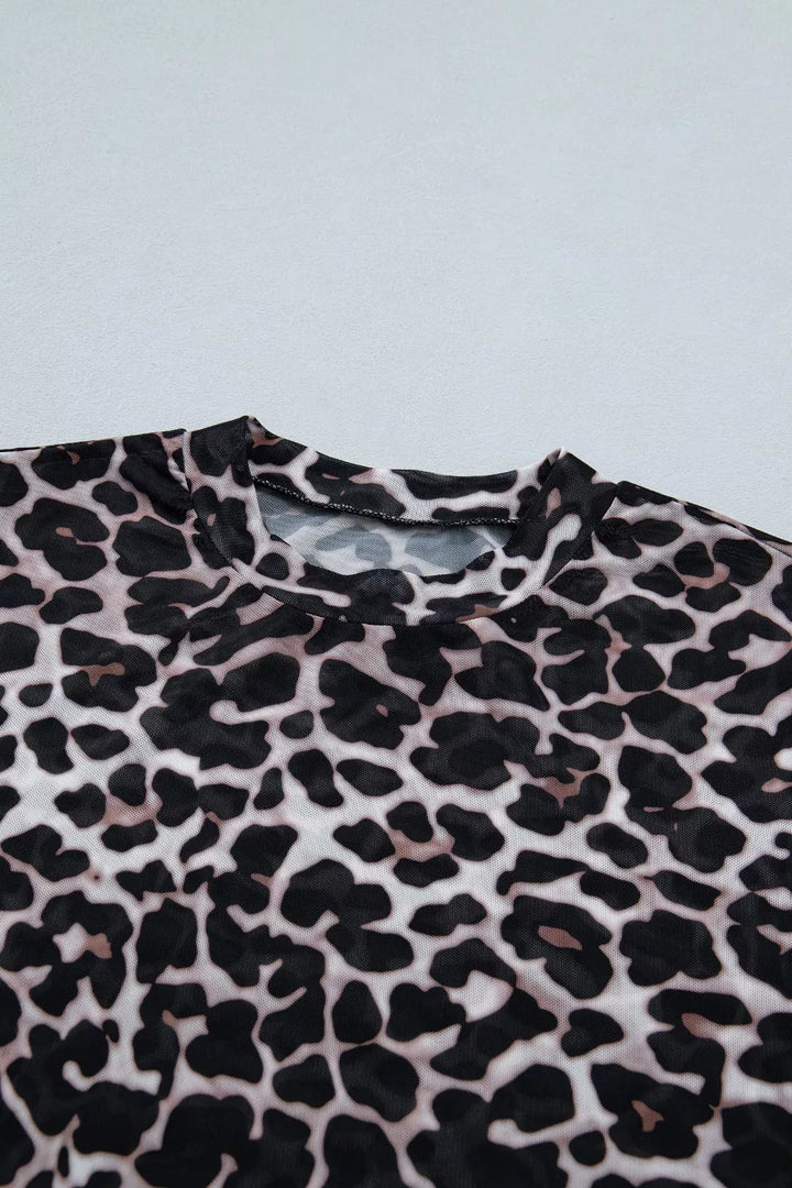 Sheer mesh leopard print fitted short sleeve top