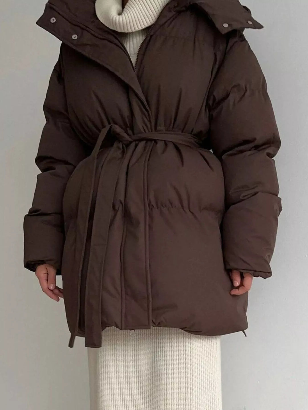 Belted puffer winter coat with snap-off hood