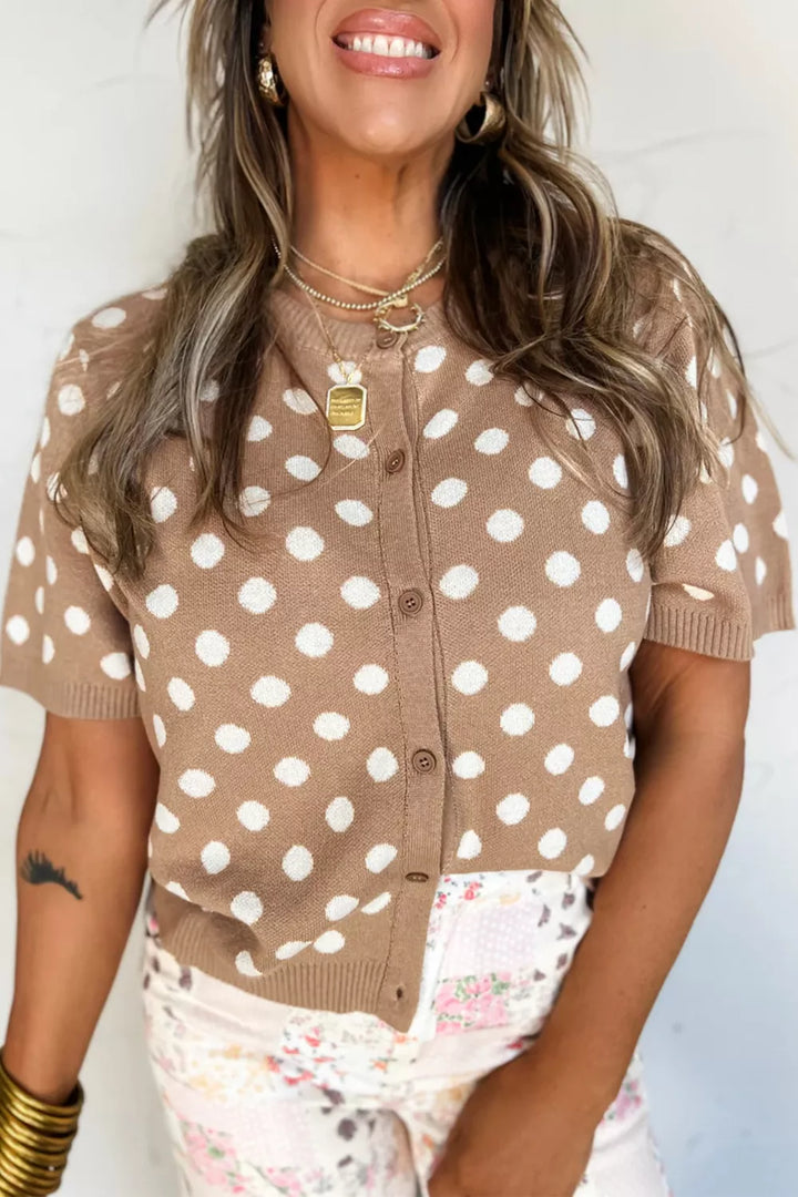 Camel Polka dot short sleeve button-down knit cardigan