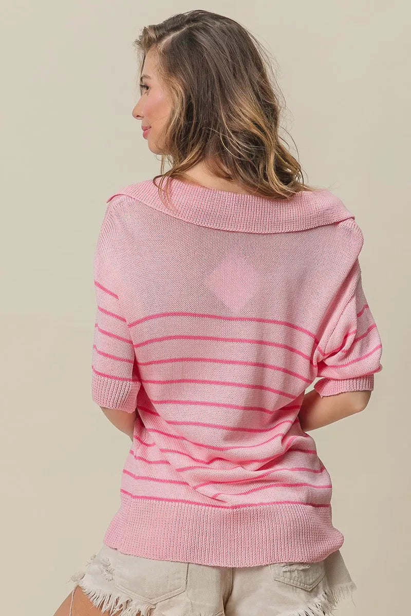 Striped short sleeve V-neck knit sweater with collar