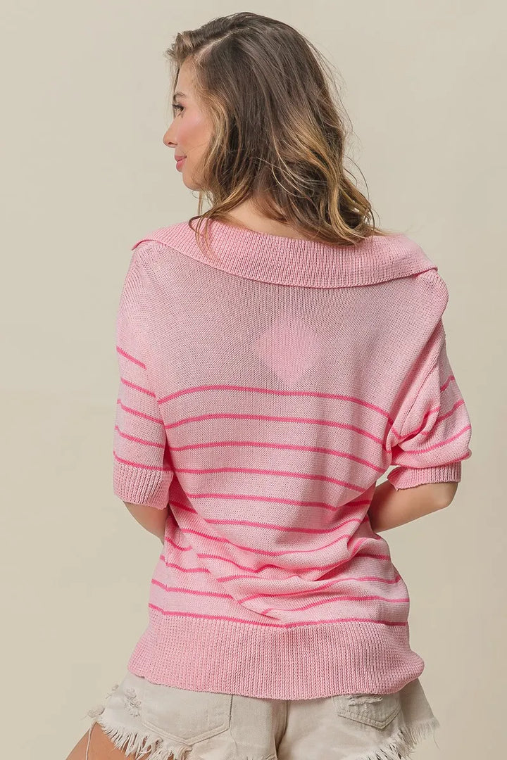 Striped short sleeve V-neck knit sweater with collar