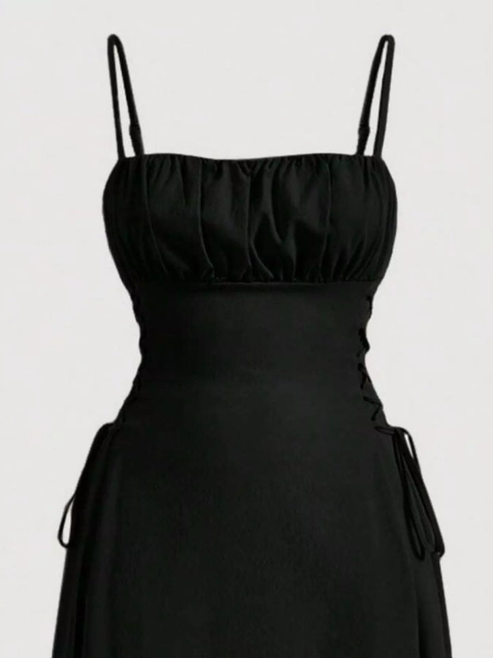 Lace-up side A-line midi dress with ruched bodice