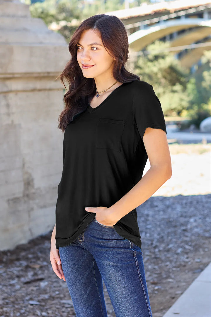 V-neck short sleeve bamboo tee with chest pocket
