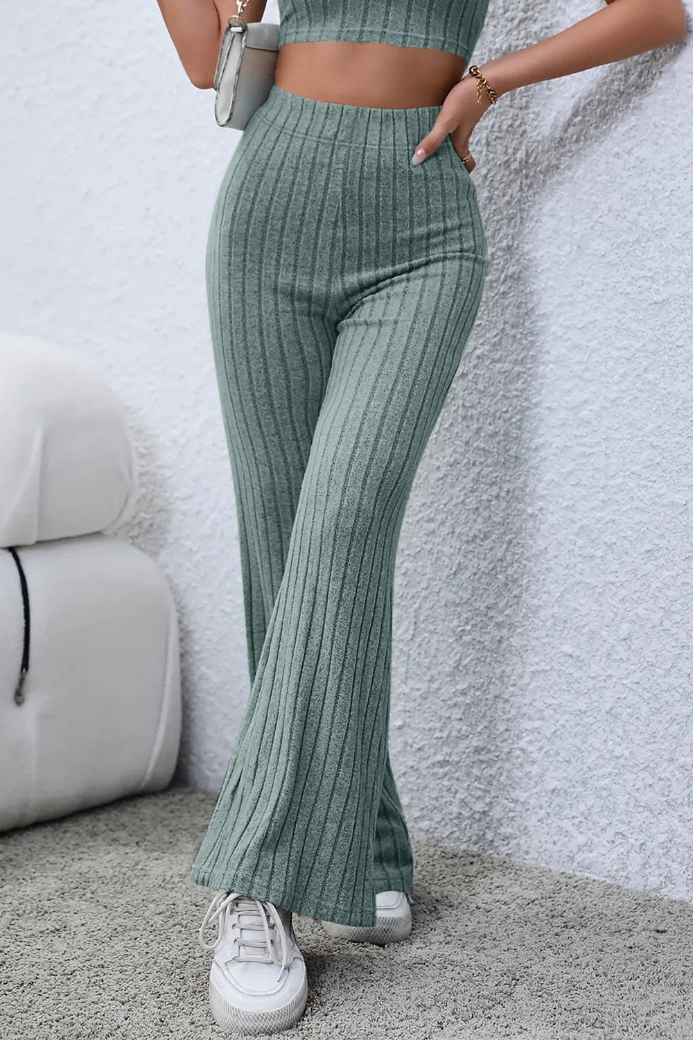 Ribbed knit high-waist flare pants with pull-on waist