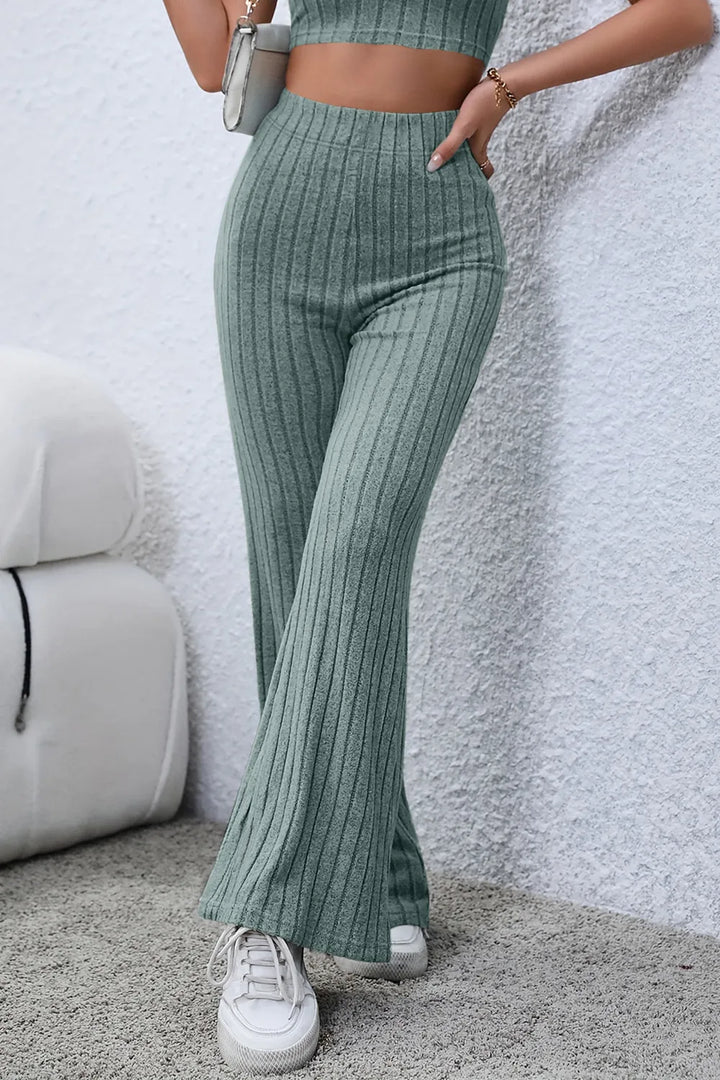 Ribbed knit high-waist flare pants with pull-on waist