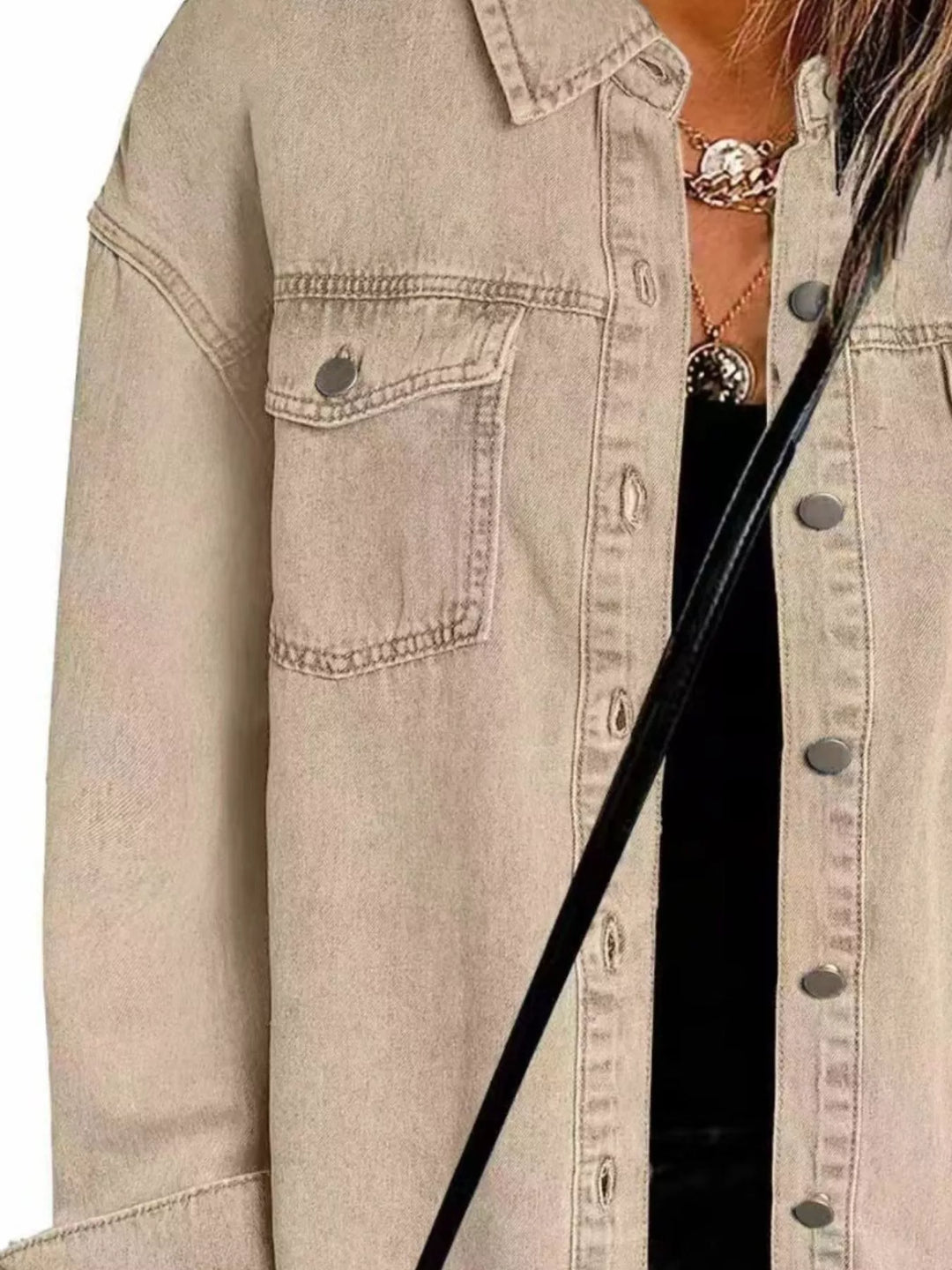 Frayed raw hem button-up denim jacket with flap pockets