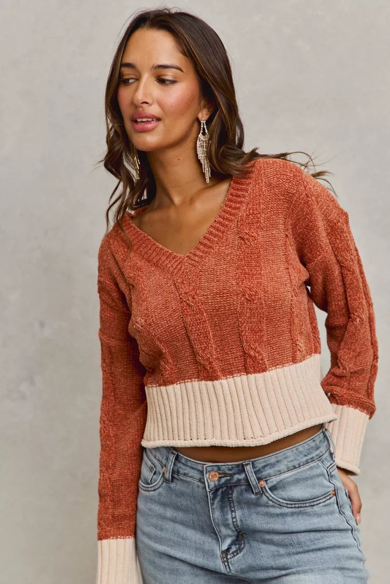 Chenille cable knit v-neck cropped sweater with contrast trim