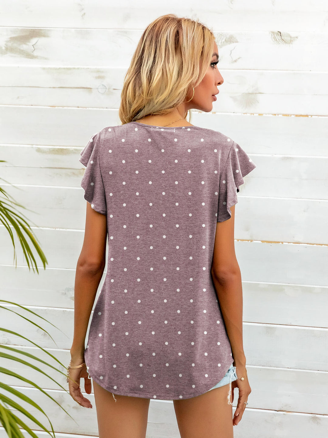 Ruffled butterfly cap sleeve round neck top