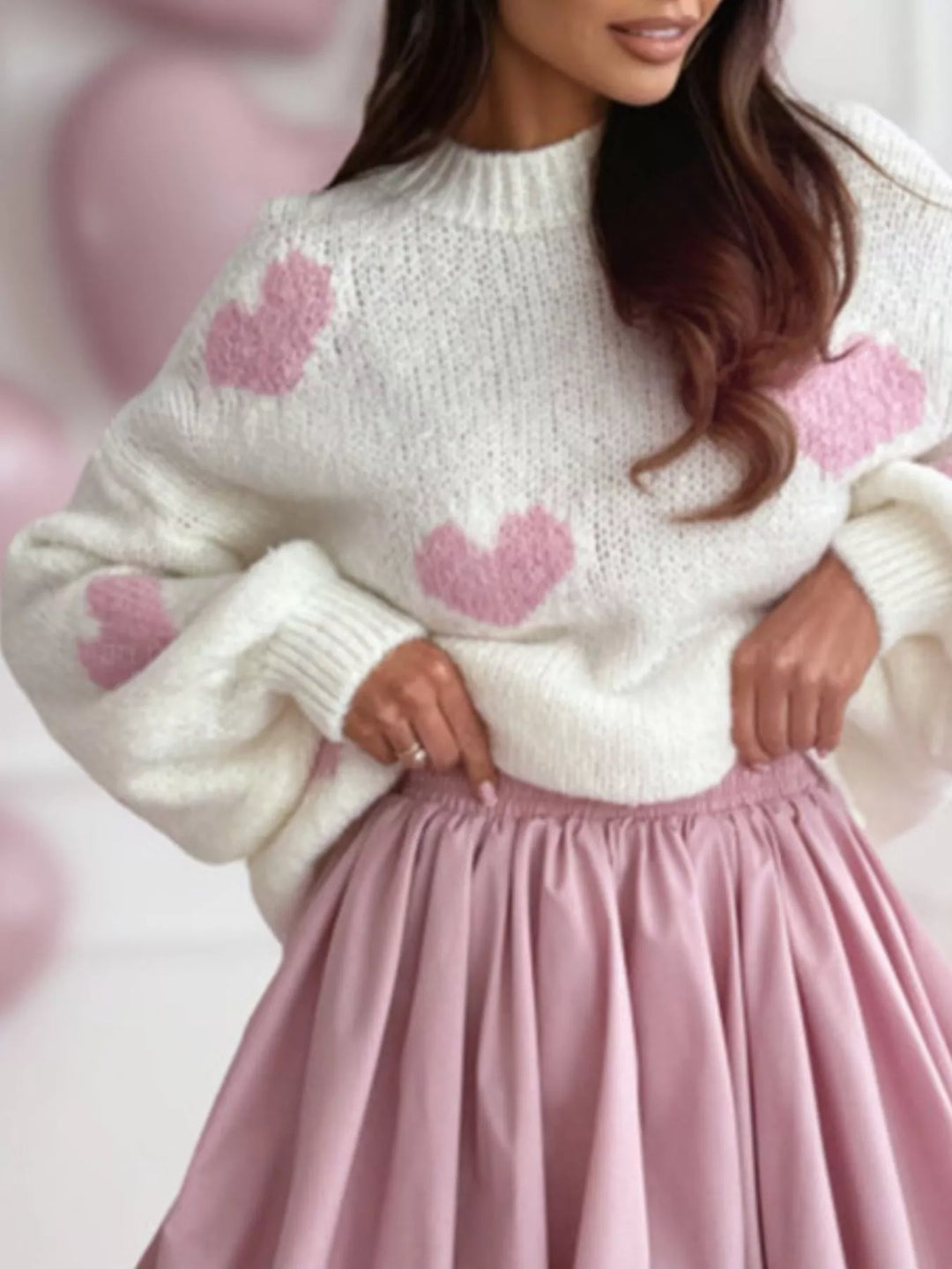 Heart pattern round neck knit sweater with balloon sleeves