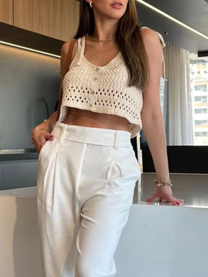 Openwork crochet knit crop cami with button front