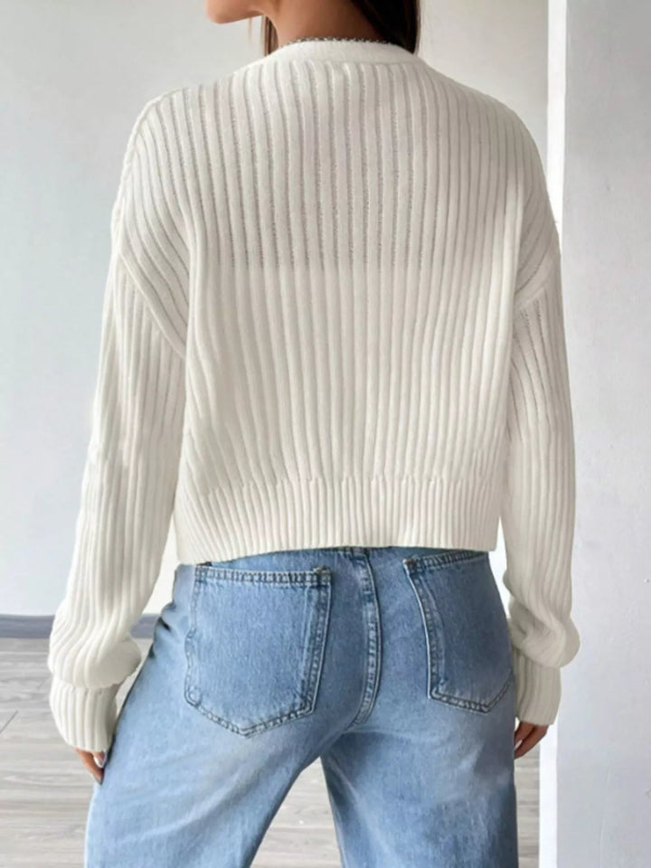 Ribbed knit V-neck button-up cardigan with drop shoulders