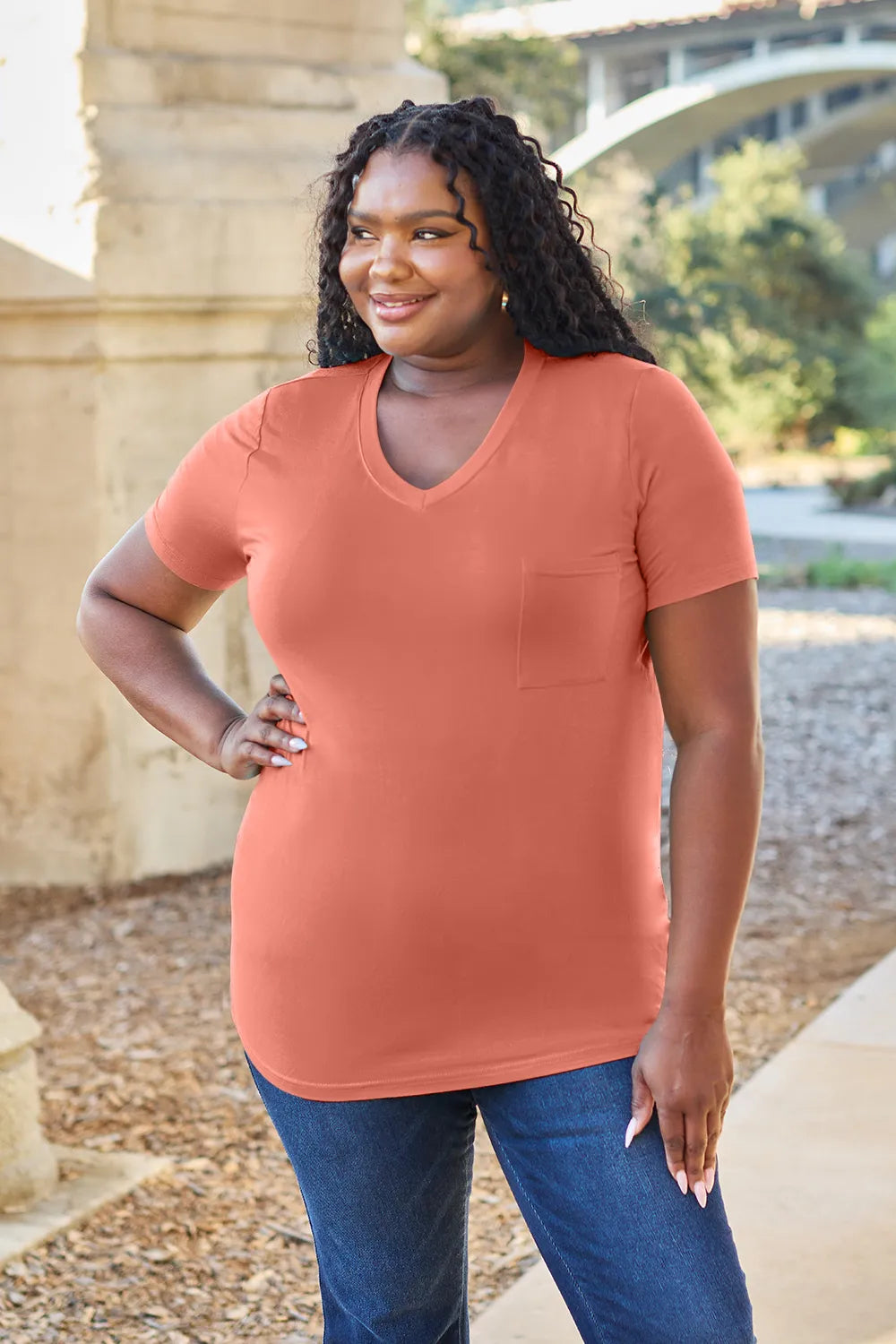 V-neck short sleeve bamboo tee with chest pocket