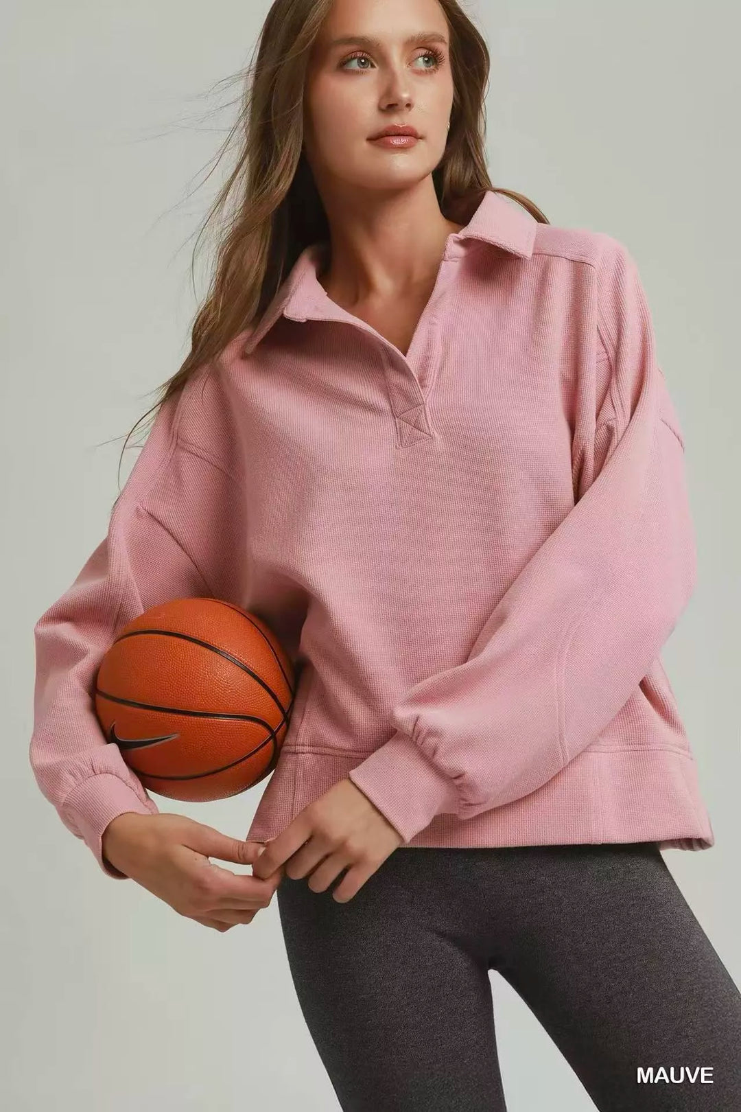 Polo collar brushed waffle pullover sweatshirt