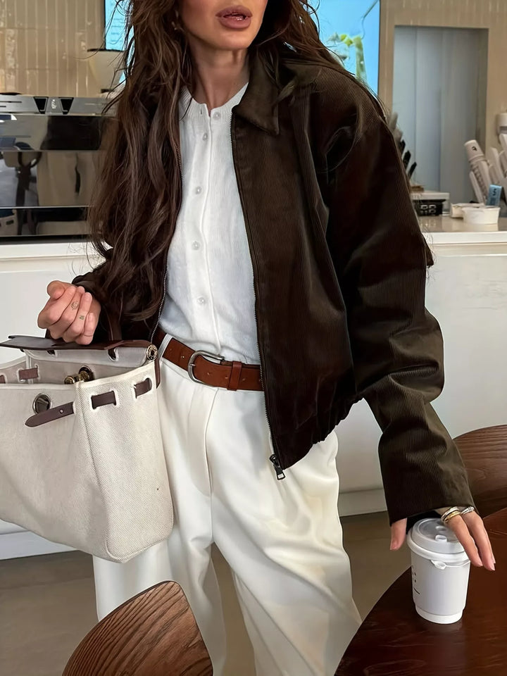 Brown Relaxed corduroy zip-up jacket with spread collar