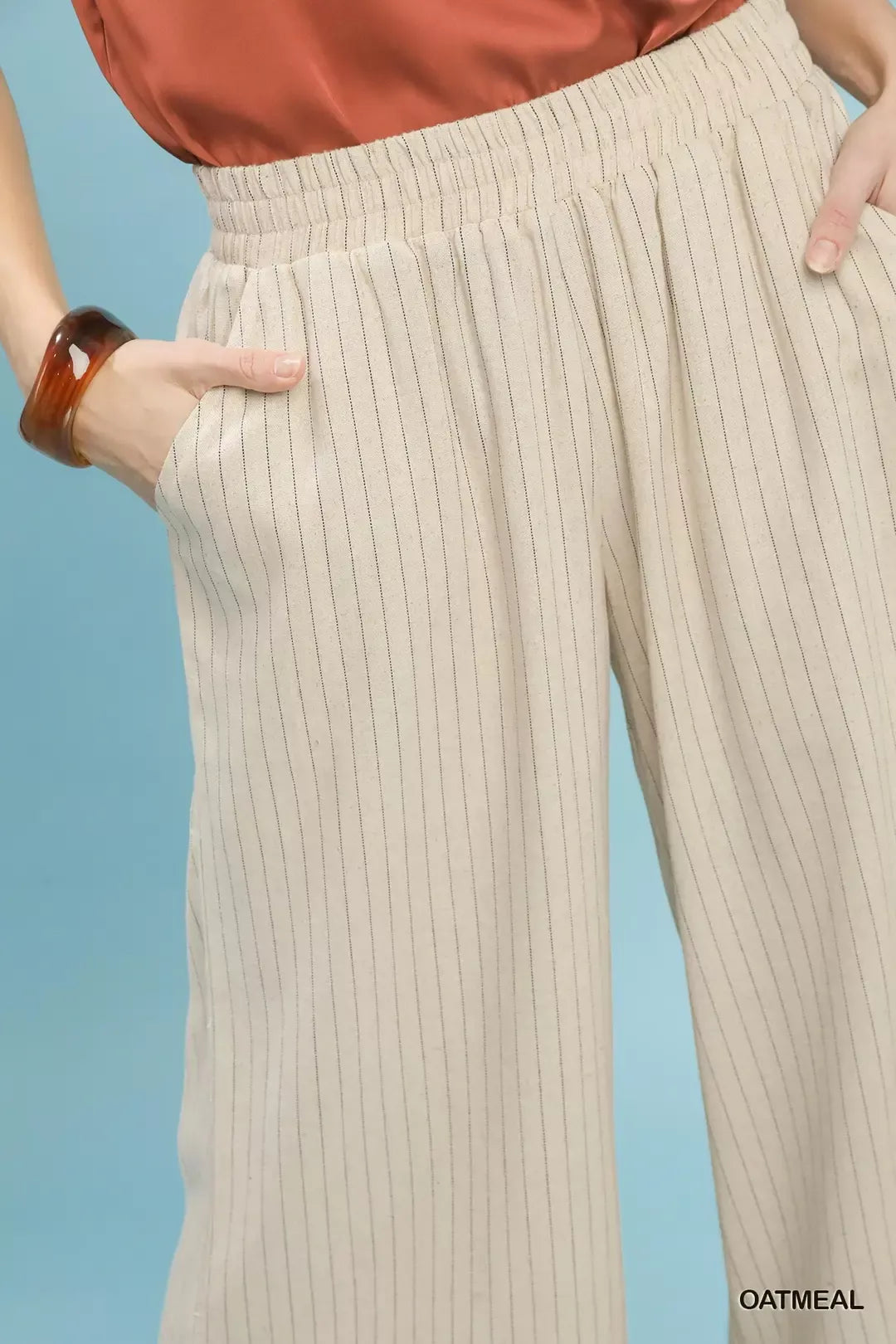 Pinstripe wide-leg linen pants with scalloped hem