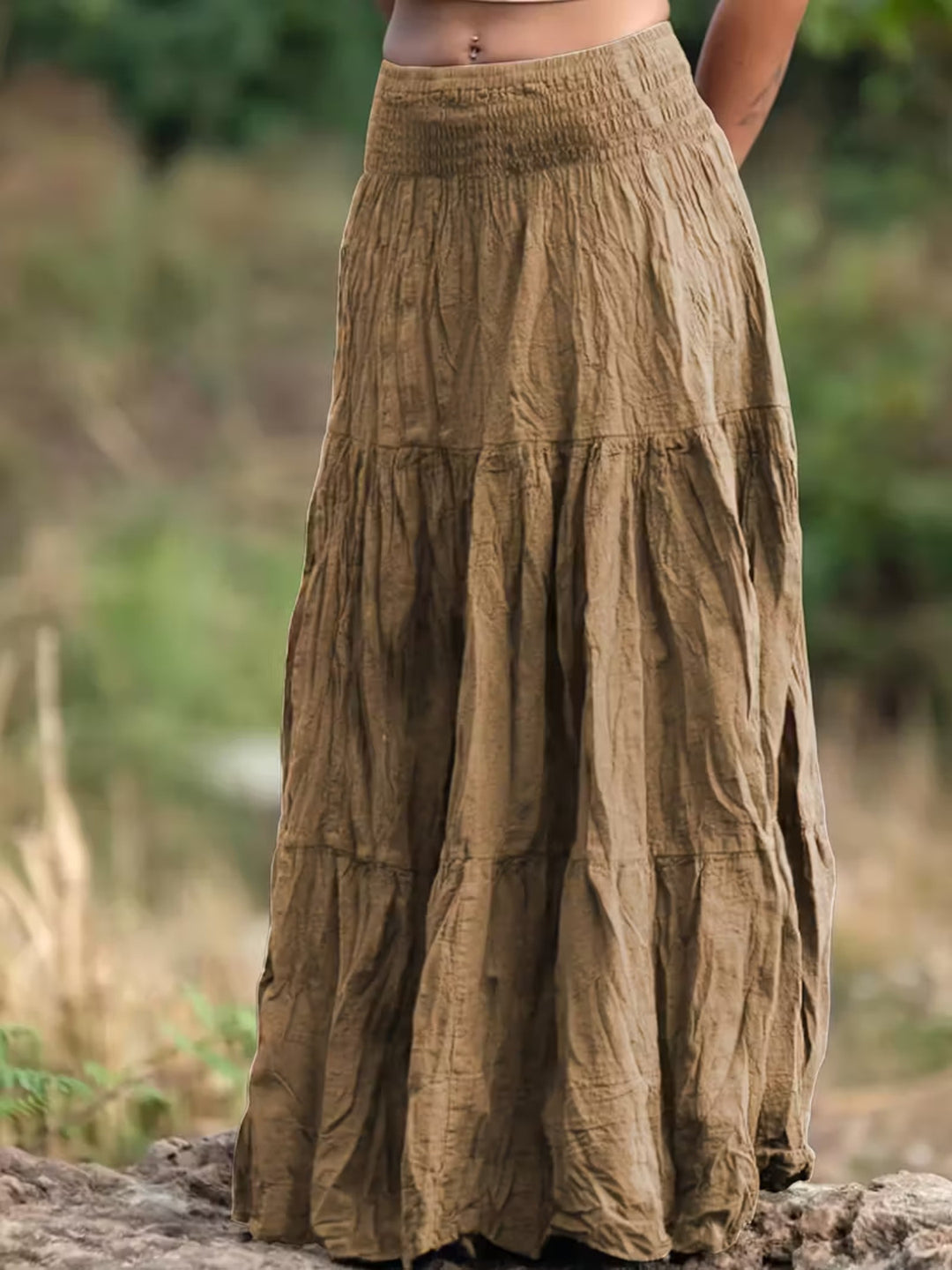 Khaki Tiered boho maxi skirt with smocked waistband