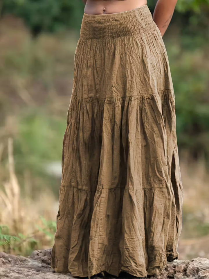 Khaki Tiered boho maxi skirt with smocked waistband