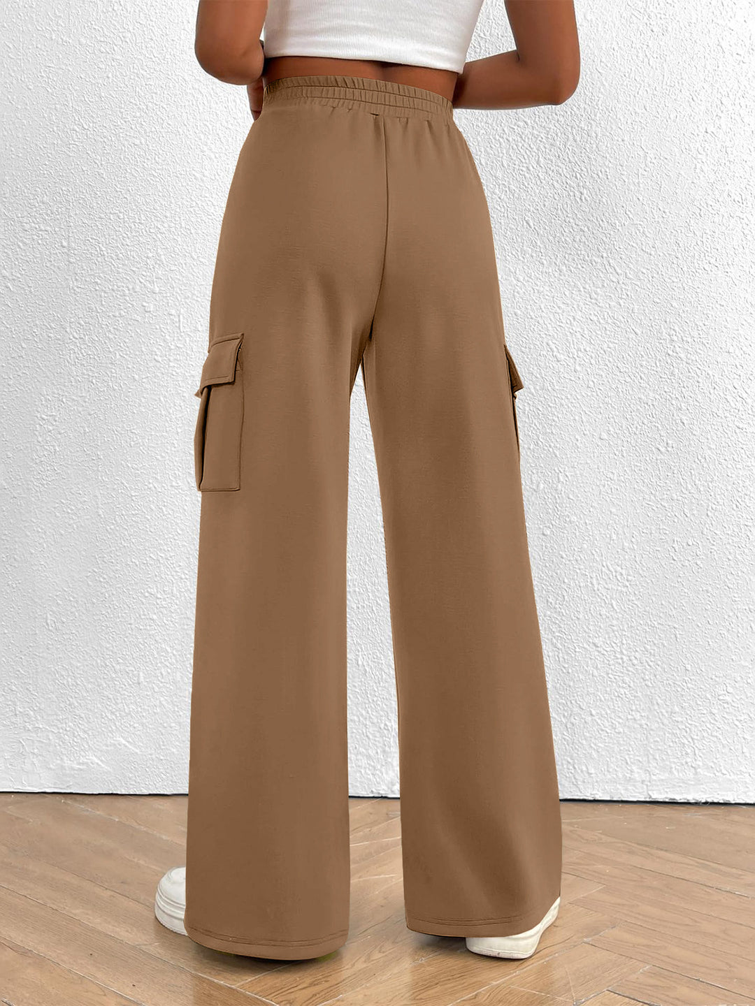 Drawstring high-waist wide-leg cargo pants with flap pockets