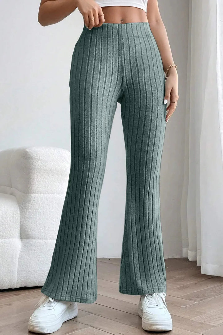 Ribbed knit high-waist flare pants with pull-on waist
