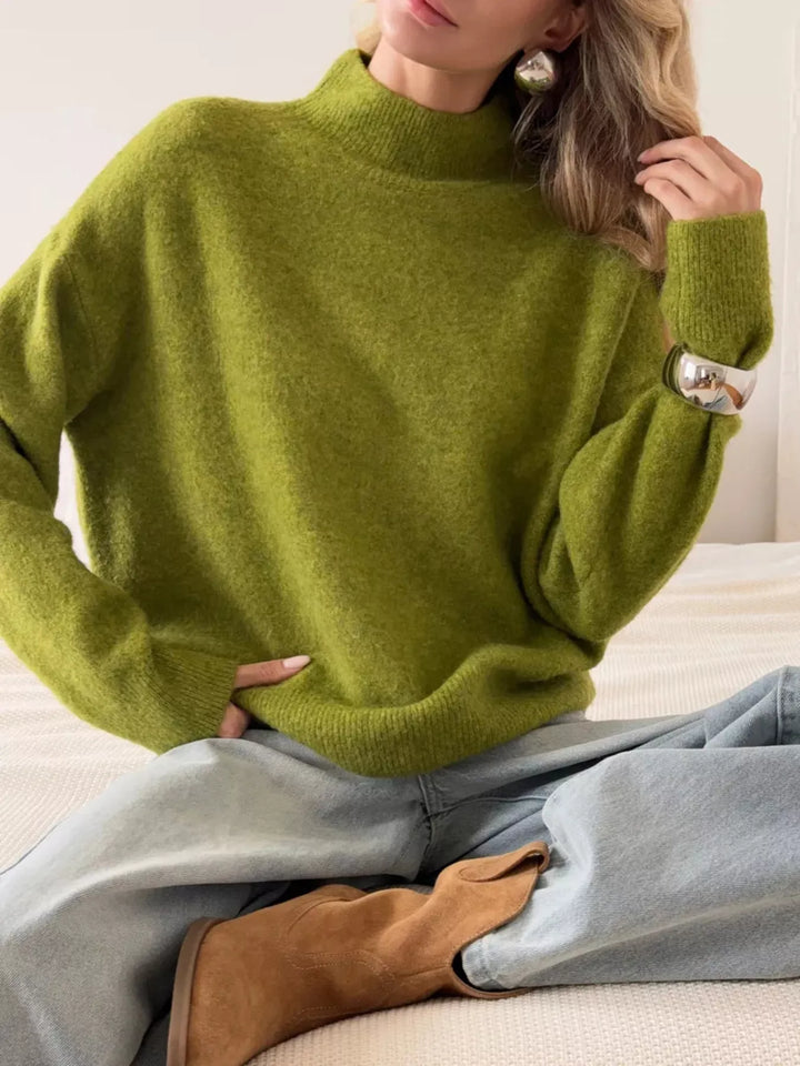 Ribbed mock neck dropped shoulder knit sweater