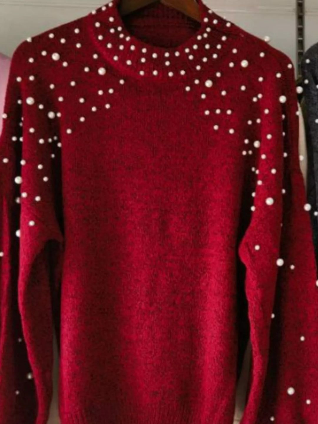 Pearl-embellished mock neck sweater with balloon sleeves