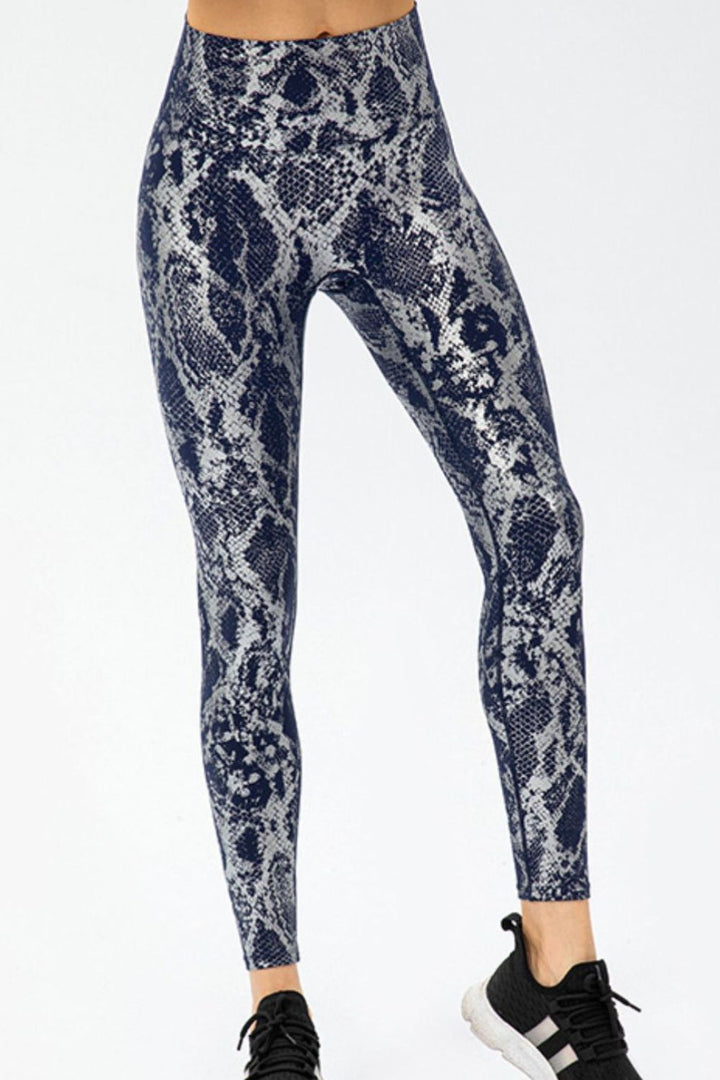 Metallic snakeskin print wide waistband workout leggings