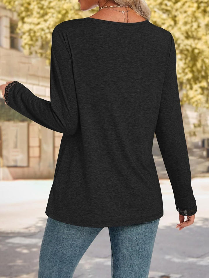 Lace trim V-neck long sleeve top with lace cuffs