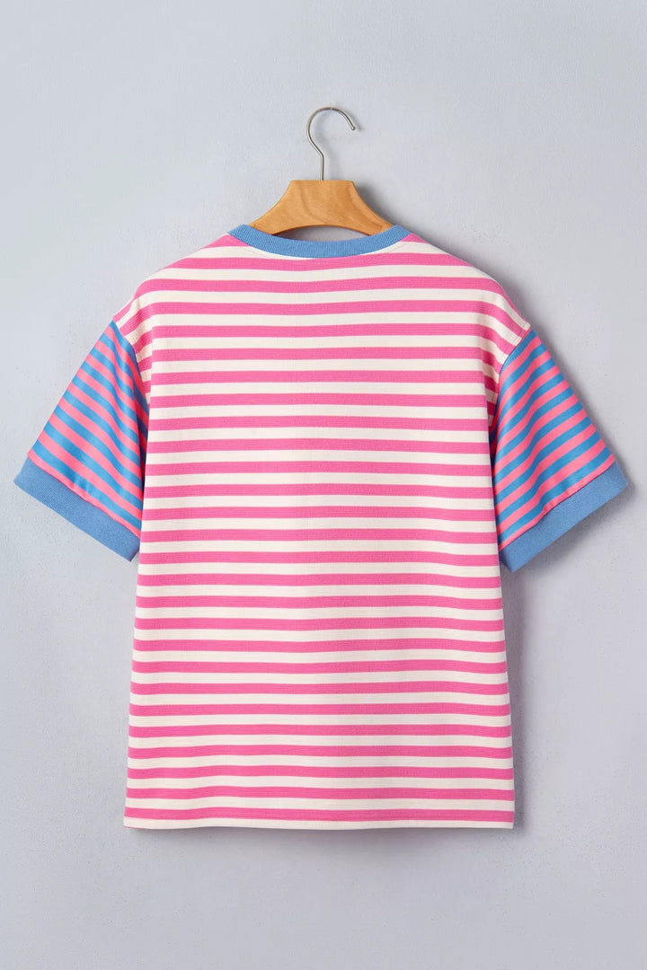 Striped colorblock short sleeve crew neck tee