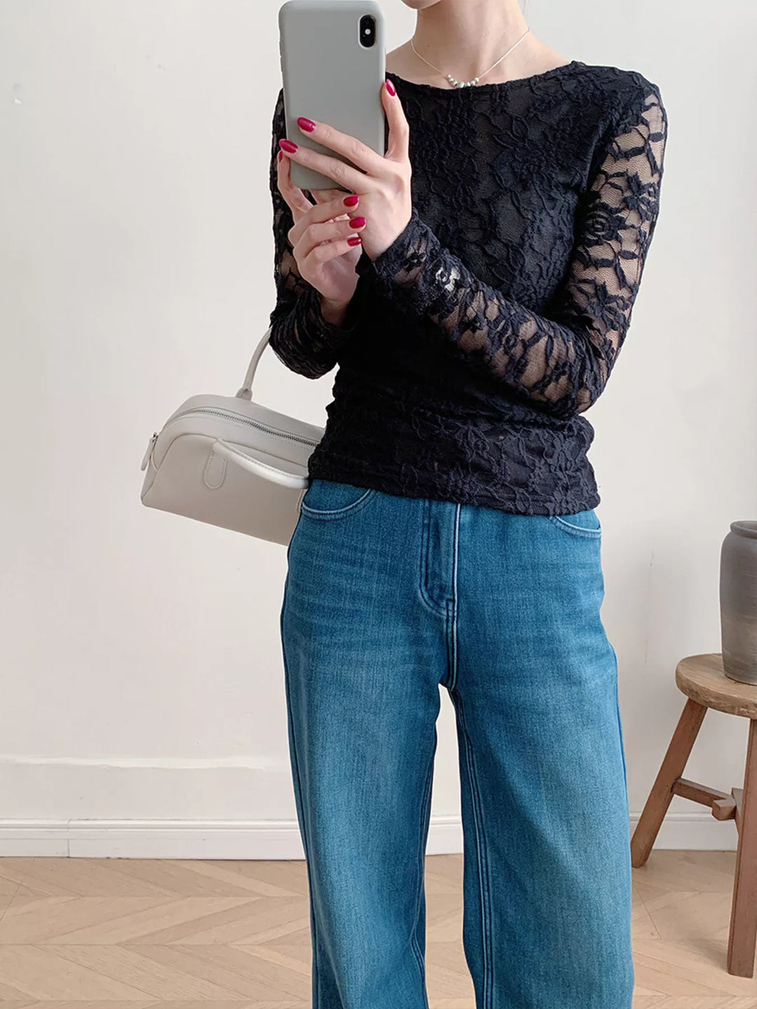 Sheer floral lace round neck long sleeve top