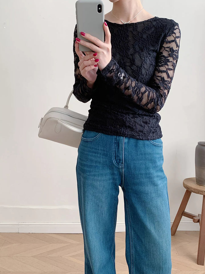 Sheer floral lace round neck long sleeve top