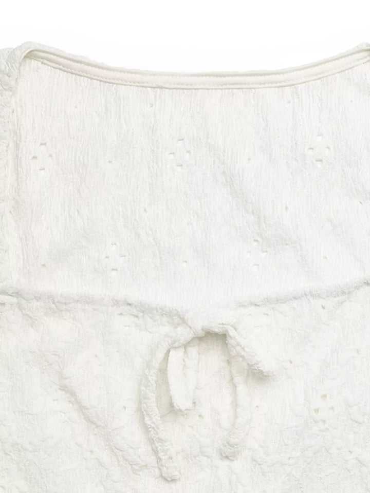 Eyelet lace square neck crop top with tie front