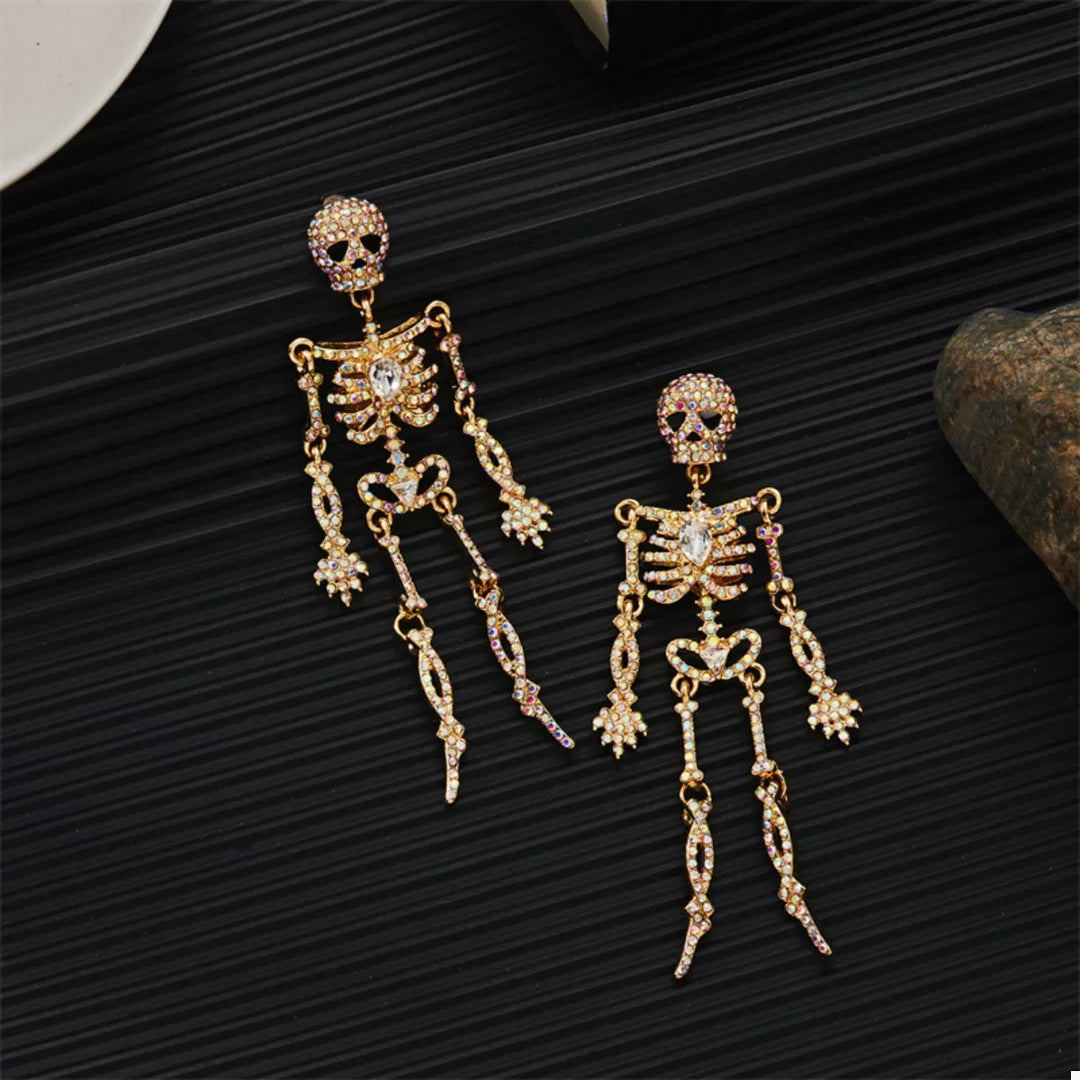 Articulated rhinestone skeleton drop earrings