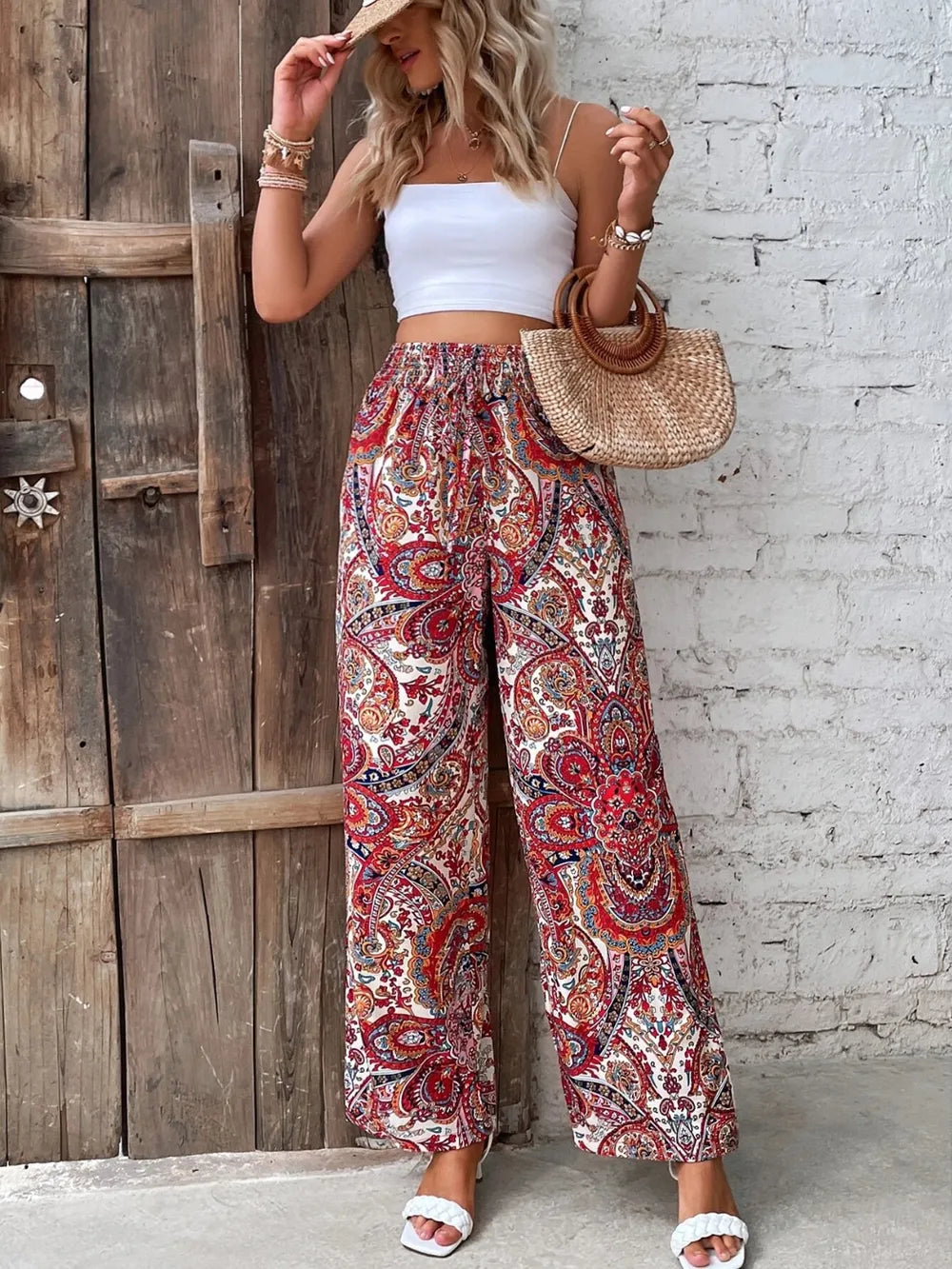 Paisley print wide-leg pants with drawstring waist