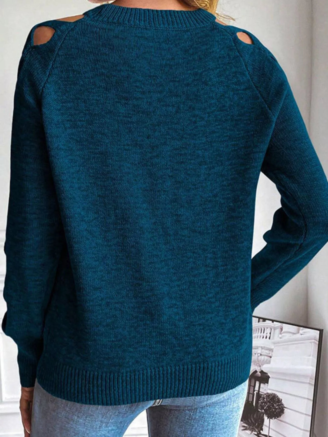 Criss-cross cutout sleeve crew neck knit sweater