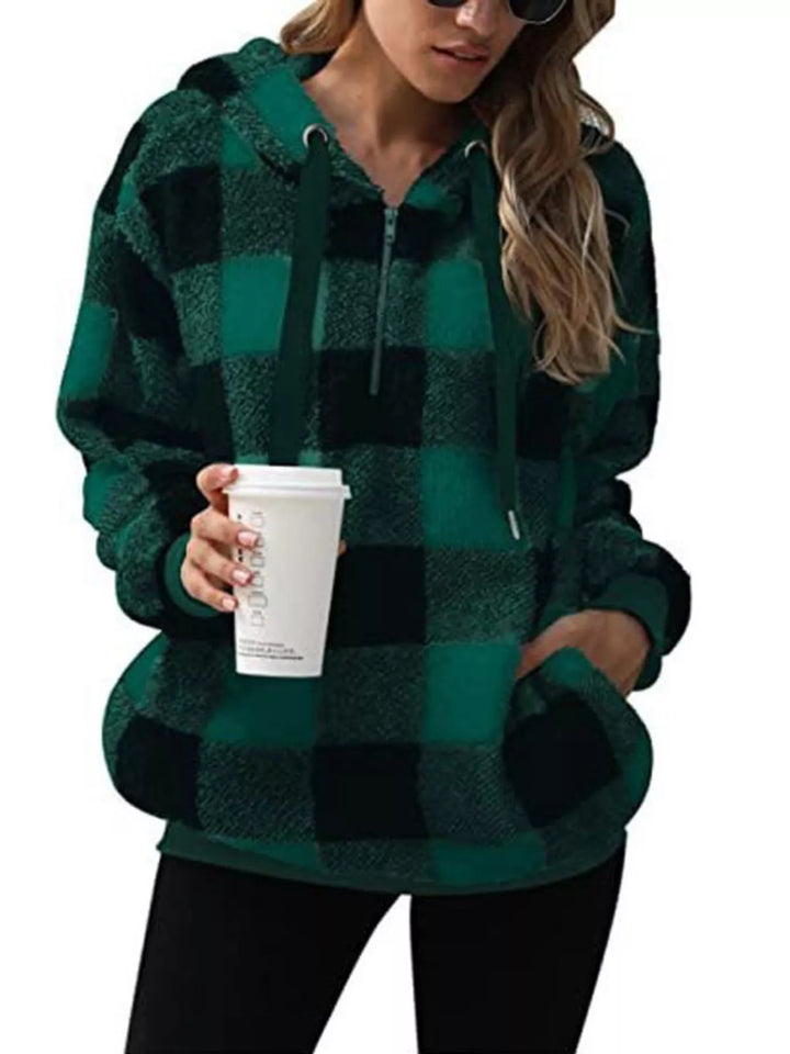 Navy Blue Plaid sherpa quarter-zip hoodie with front pocket