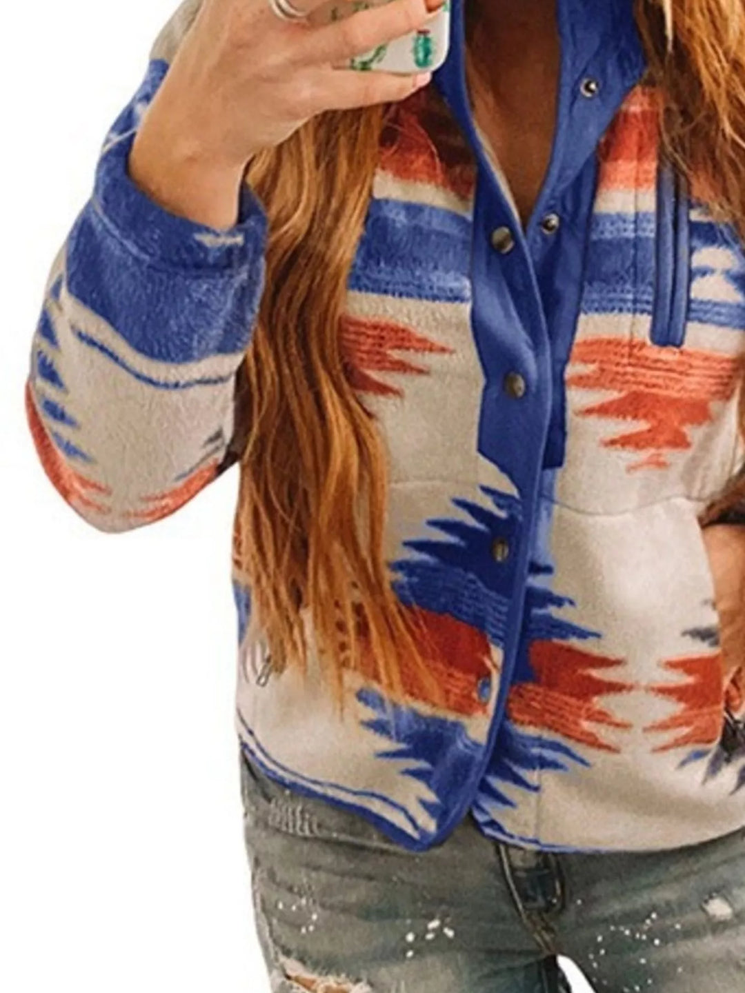 Aztec print fleece snap-front jacket with zip chest pocket